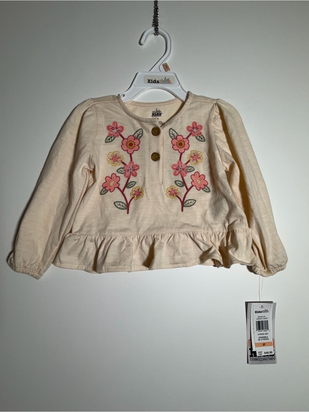Kids Headquarters Girls 2T Beige Floral Long Sleeve Ruffle Button Front Tee